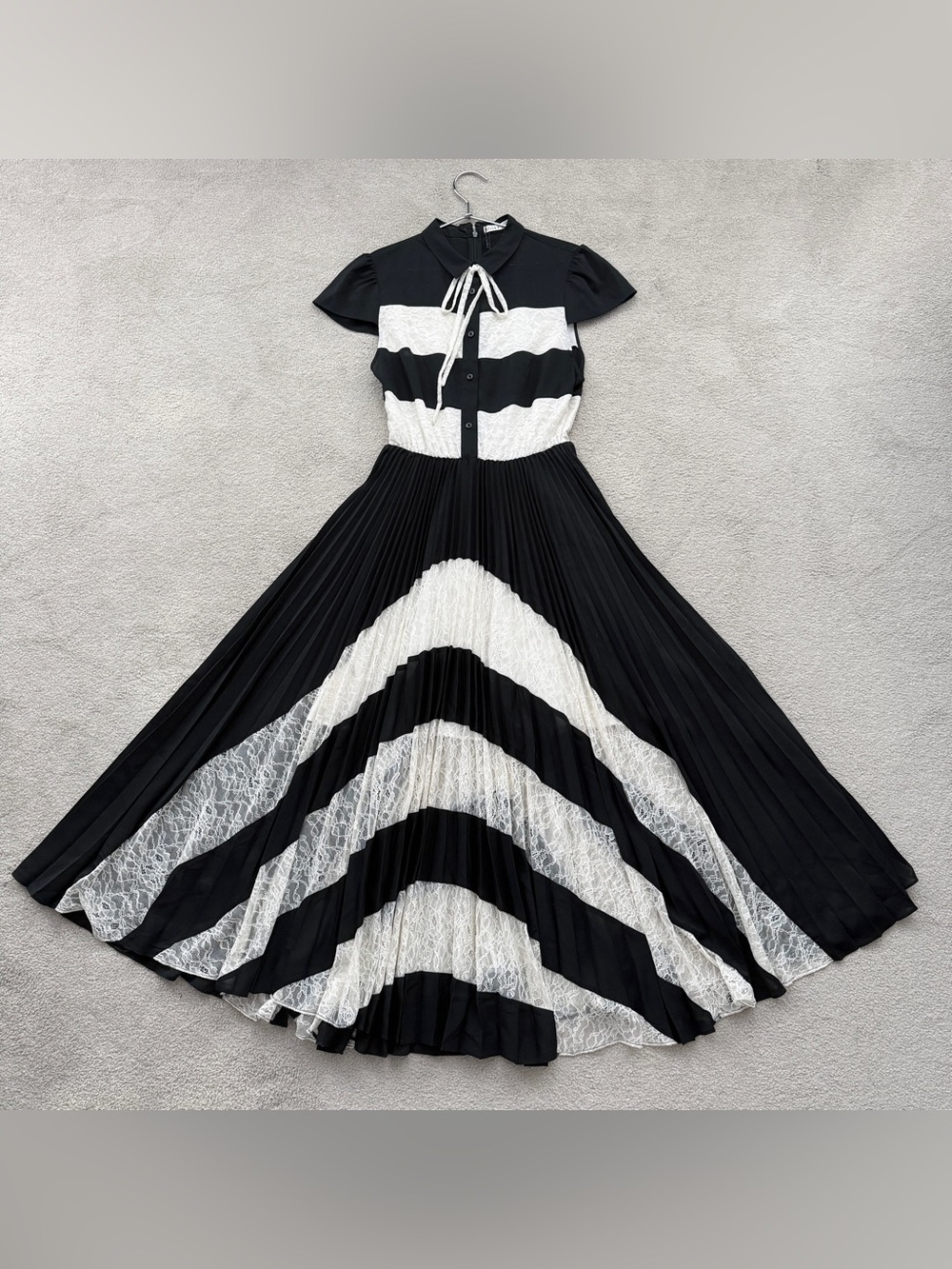 Alice + Olivia Gale Striped Pleated Lace Dress